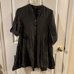 Zara Women's Linen Blend Babydoll Dress Roll Tab Sleeve Olive Green Ruffles SM